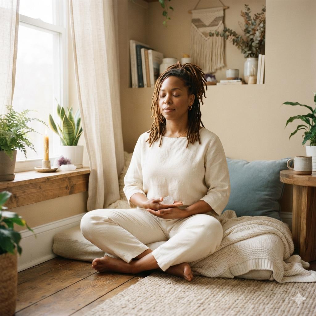 Woman meditating peacefully in a warm holistic healing space.